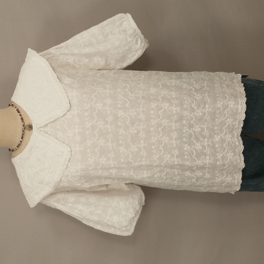 Cottagecore Romantic Feminine White Cotton Blouse Wide Peter Pan Collar NWT
